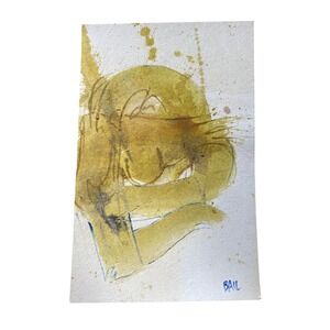 Original Artwork Abstract Watercolor Painting Signed "BAIL" Yellow Brown